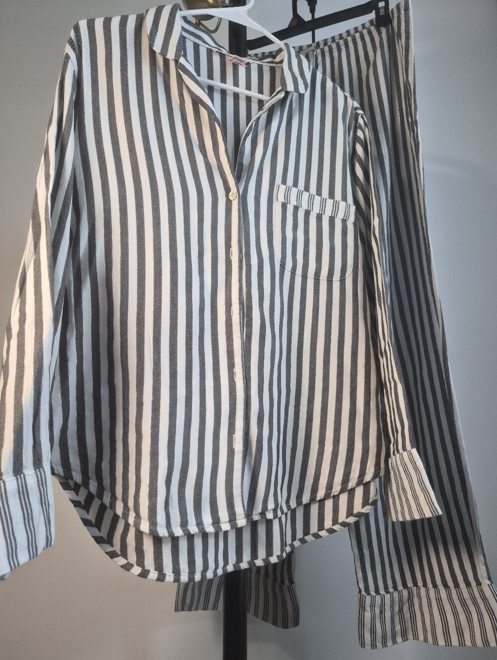 Victoria's Secret Striped Pajama Set Medium Metallic Silver Stripe Cotton Blend